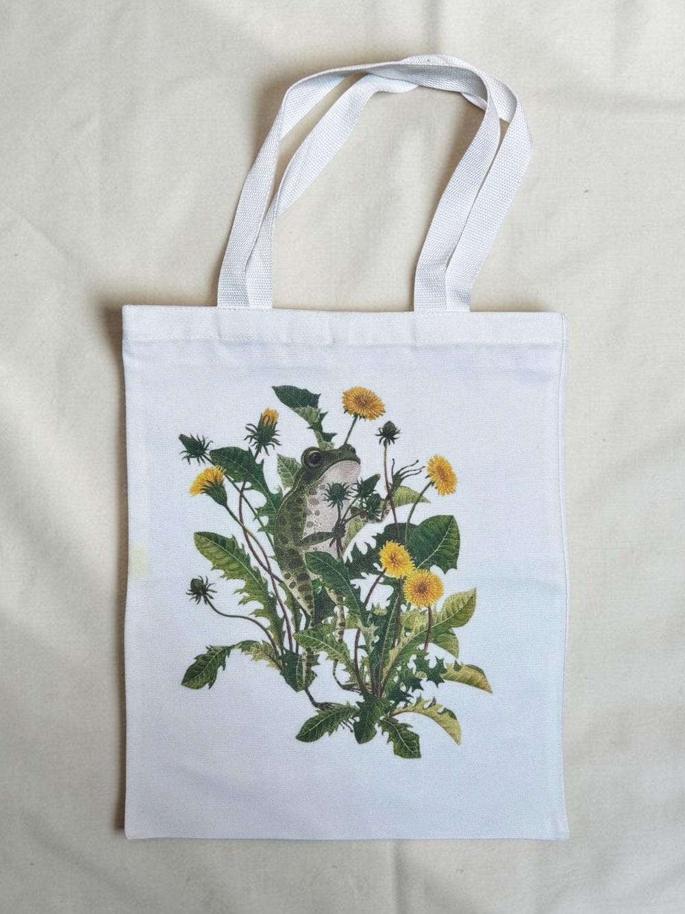 White Canvas Tote with Botanical Frog & Yellow Flower Print